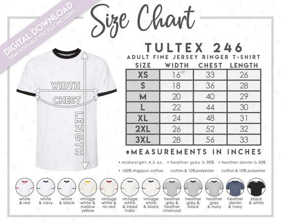 Semi-editable Tultex 246 Size Chart + Color Chart • Tultex Fine