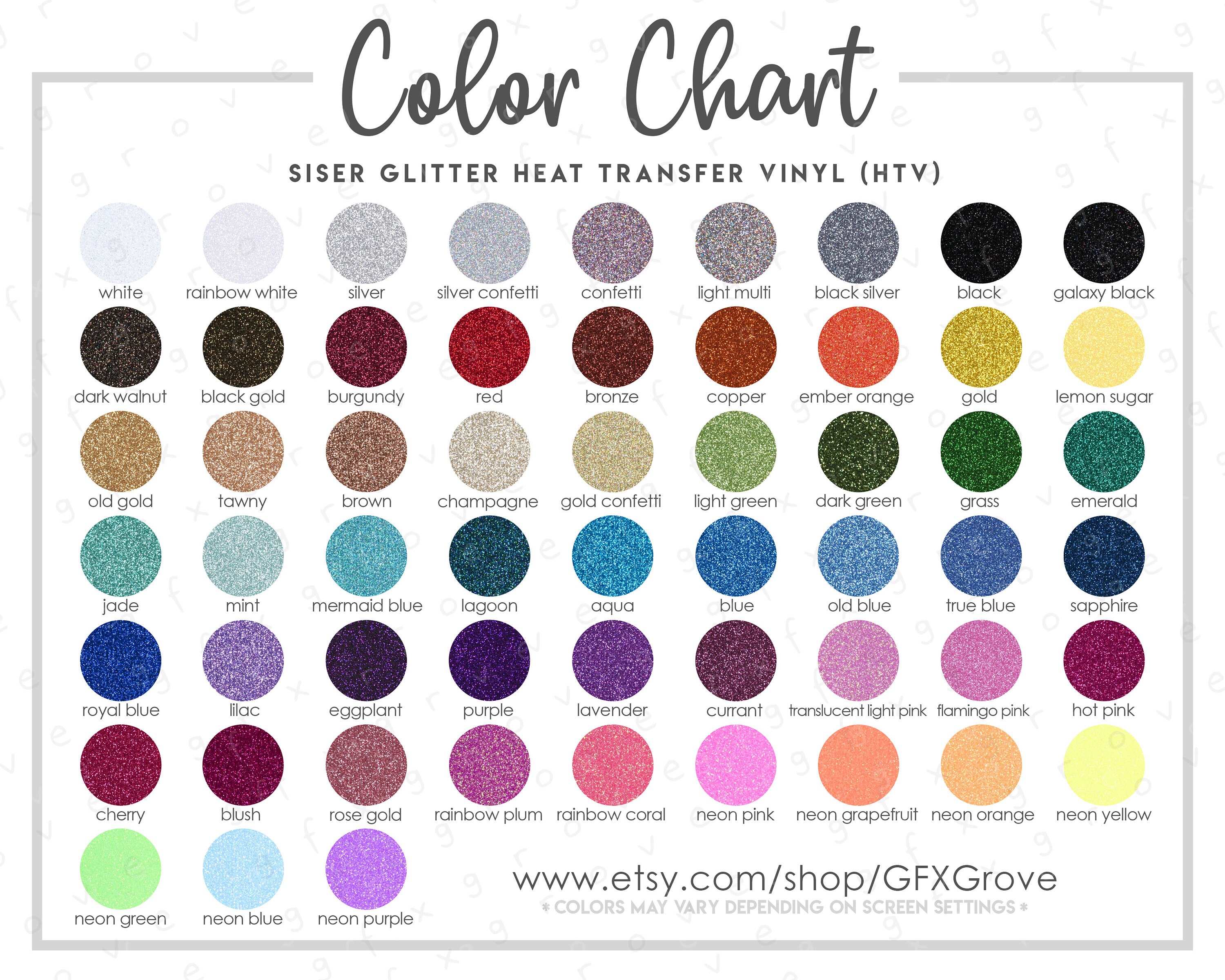 Siser Glitter HTV Color Chart 57 COLORS Semi-editable PSD Siser Glitter  Vinyl Color Chart Siser Color Chart Vinyl Color Chart 