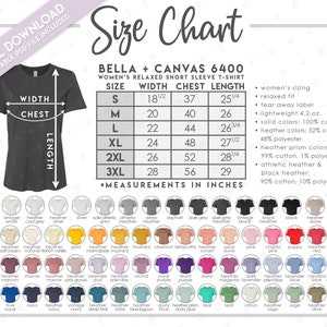 Bella + Canvas 6400 semieditable, tabla de tallas y colores • Incluye colores sólidos y jaspeados (6400, 6400CVC) • Camiseta relajada para mujer • BC6400