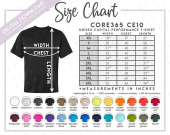 Semi-Editable Core365 CE10 Size + Color Chart • Core365 Unisex Capital Performance T-Shirt Size Chart • CE10 Color Chart • CE10 Size Chart