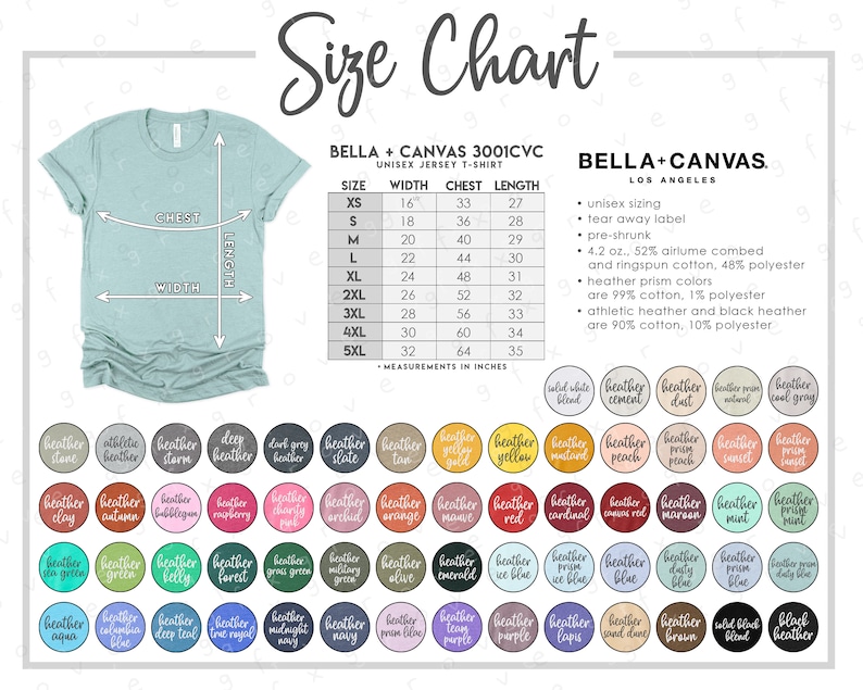 Download Bella Canvas 3001CVC Size Color Chart ALL 61 COLORS | Etsy
