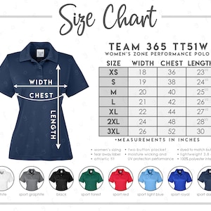 Team 365 TT51W Size + Color Chart • Team 365 Women's Zone Performance Polo • Team 365 Polo • TT51W Size Chart • TT51W Color Chart