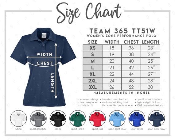 Team 365 TT51W Size + Color Chart • Team 365 Women's Zone Performance Polo  • Team 365 Polo • TT51W Size Chart • TT51W Color Chart