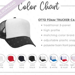 Tabla de colores semieditable Otto 39-165 *PRINTFUL COLORS* • Tabla de colores de gorras de camionero de espuma Otto • Guía de colores de gorras Otto