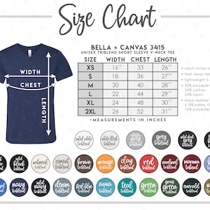 Bella + Canvas 3415 Tabla de tallas y colores (2 versiones incluidas con y sin marca) • Camiseta de cuello en V de mezcla triple de Bella Canvas • BC3415