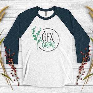 May include: A white and navy blue baseball tee shirt with a green plant graphic and the text "GFX GROVE" in a circle.