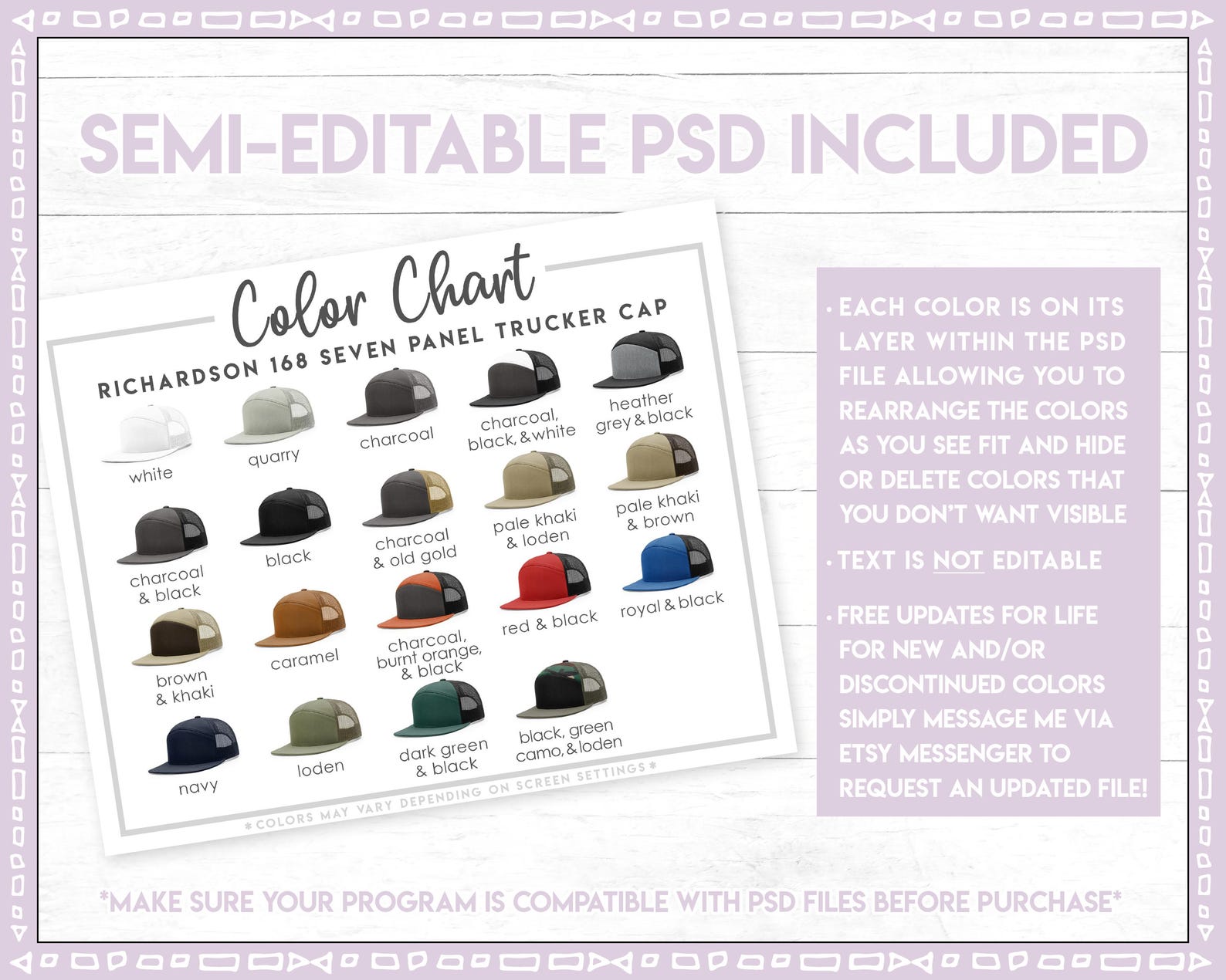Semi-editable Richardson 168 Color Chart • Richardson 7 Panel Trucker ...