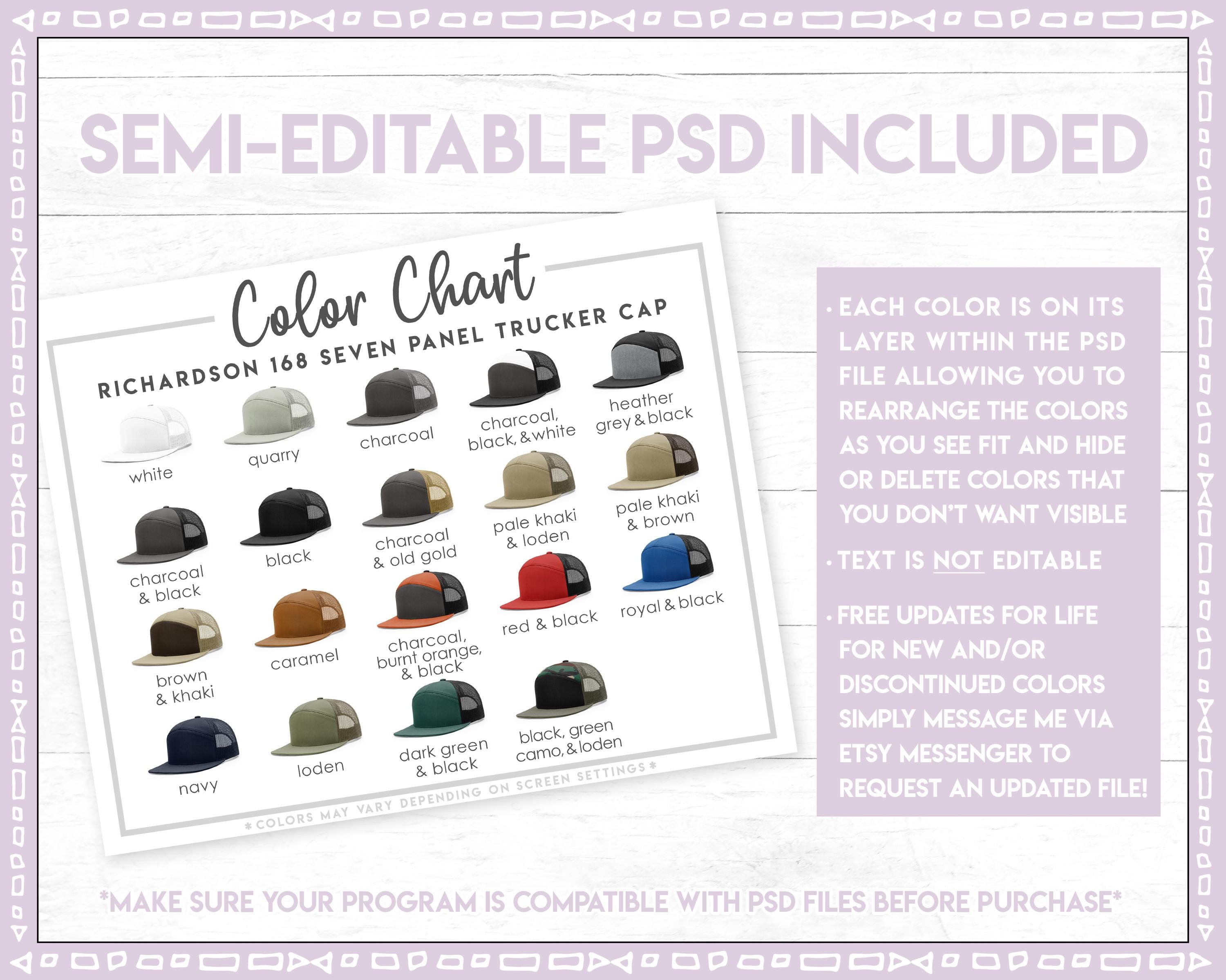 Semi-editable Richardson 168 Color Chart • Richardson 7 Panel Trucker ...