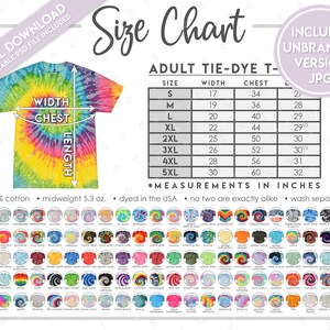 Pu&ograve; includere: Una tabella delle taglie per magliette tie-dye per adulti con misure in pollici. La tabella include le taglie dalla S alla 5XL, con le misure corrispondenti di larghezza, petto e lunghezza. L'immagine include anche un design di maglietta tie-dye e un elenco dei colori disponibili.