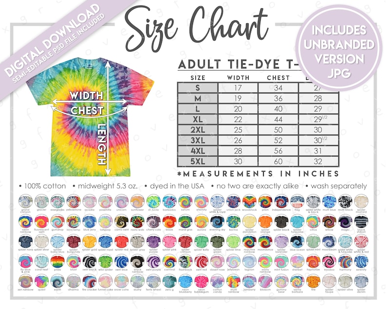 Pu&ograve; includere: Una tabella delle taglie per magliette tie-dye per adulti con misure in pollici. La tabella include le taglie dalla S alla 5XL, con le misure corrispondenti di larghezza, petto e lunghezza. L'immagine include anche un design di maglietta tie-dye e un elenco dei colori disponibili.