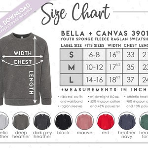 Tabla de tallas y colores semieditable Bella + Canvas 3901Y • Tabla de tallas de sudadera juvenil de polar esponjoso Bella Canvas • Tabla de colores BC3901Y