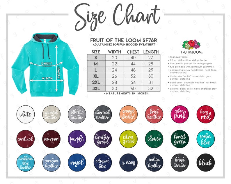 fruit of the loom hd cotton size chart