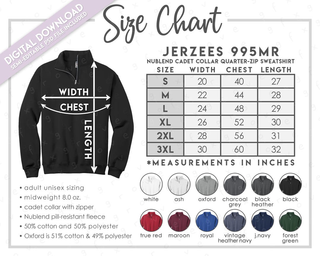 Semi-editable Jerzees 995MR Size + Color Chart • Jerzees Nublend