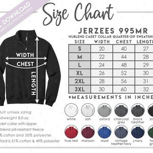 Semi-Editable Jerzees 995MR Size + Color Chart • Jerzees Nublend Quarter Zip Sweatshirt Size Chart • Jerzees 3/4 Zip Sweatshirt Color Chart
