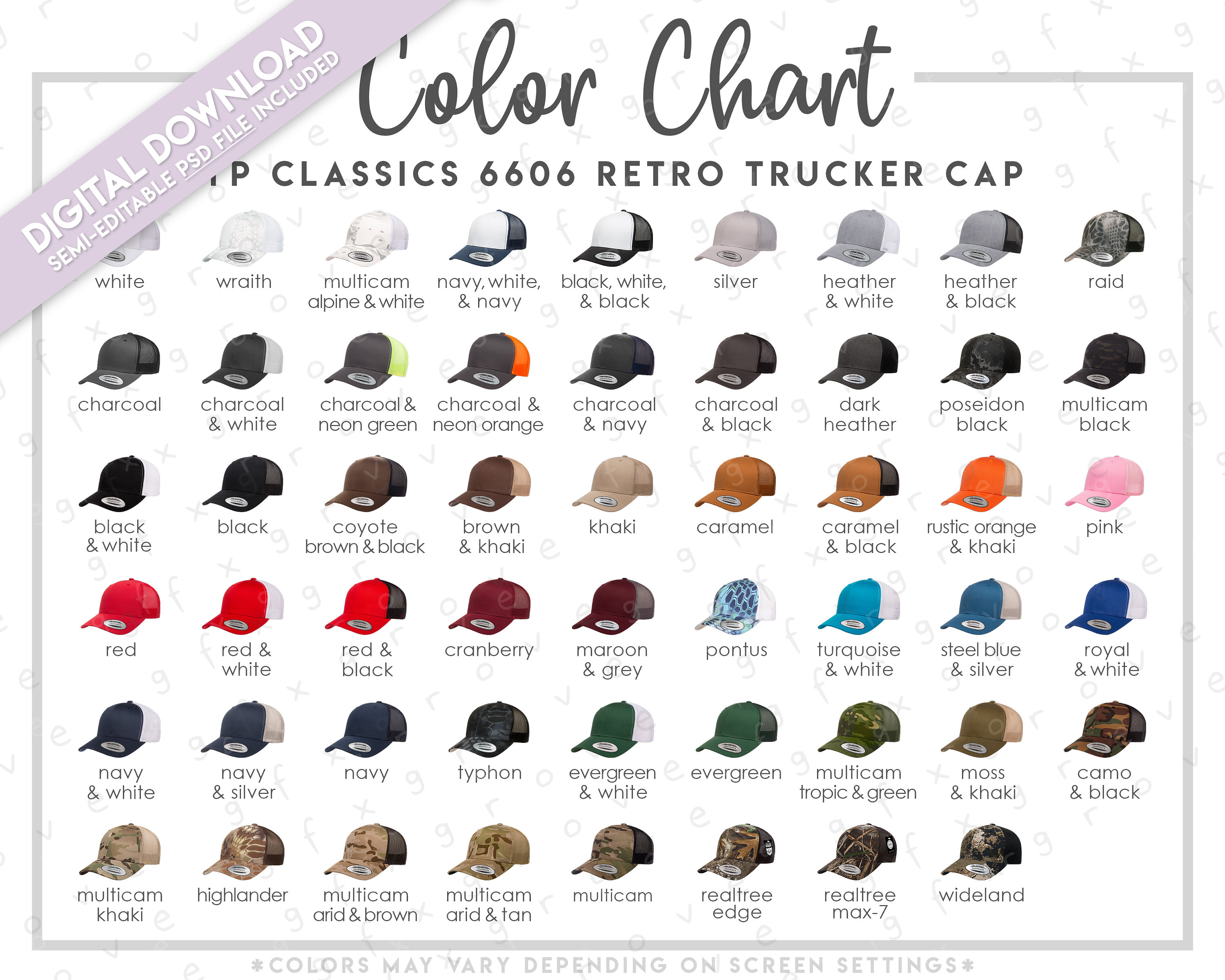 Semi-Editable YP Classics 6606 Color Chart • YP Classics Retro Trucker Cap Color Chart • Yupoong 6606 • Yupoong Trucker Cap