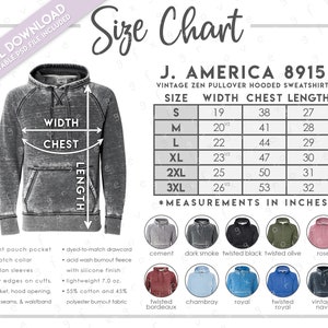Tabla de tallas y colores semieditable de J. America 8915 • Tabla de tallas de sudadera con capucha J. America Zen • Tabla de colores de sudadera con capucha J. America • JA8915