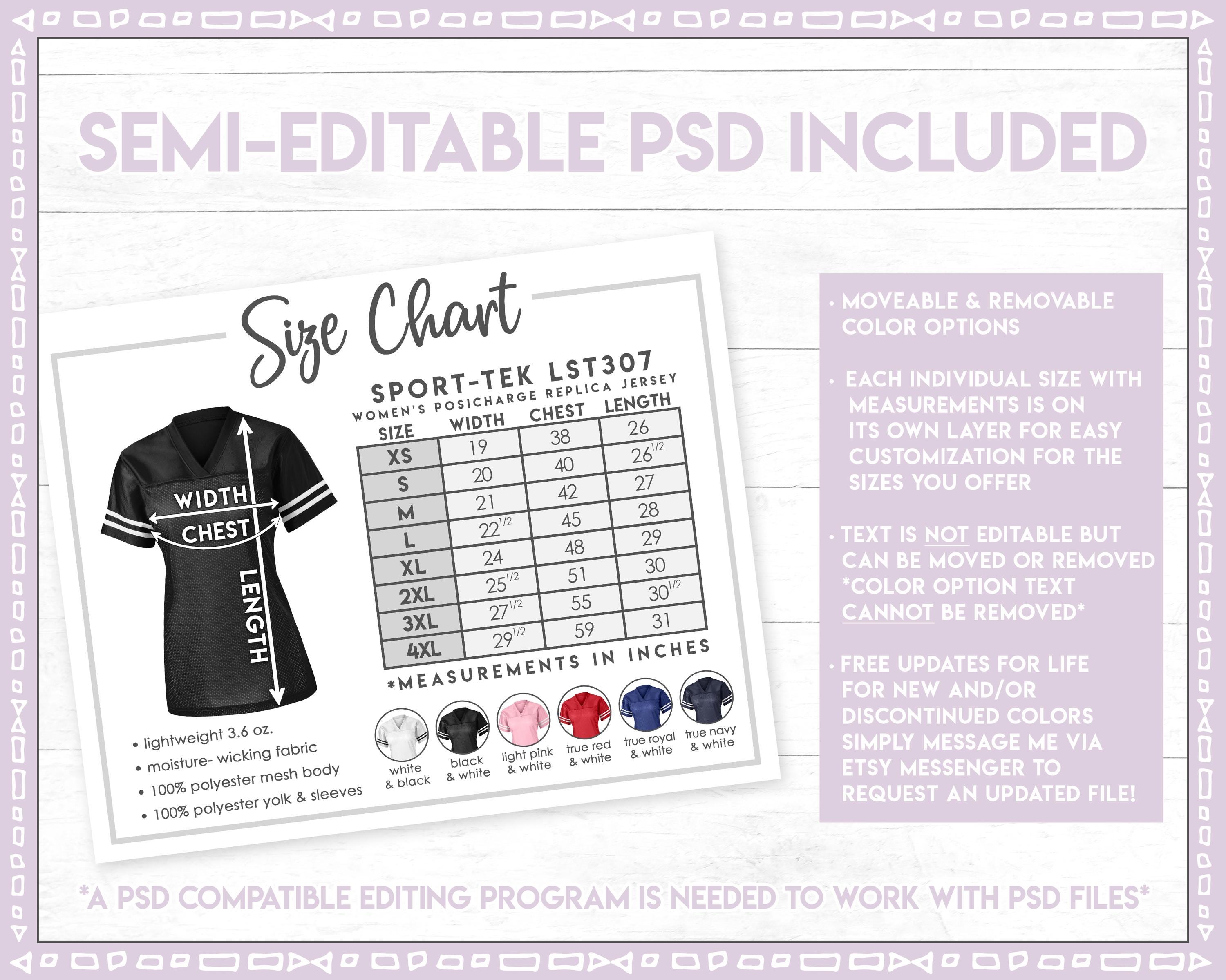 Semi-editable Sport-tek LST307 Size Chart + Color Chart • Sport
