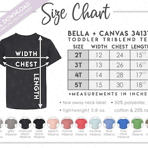 Tabla de tallas y colores semieditable Bella + Canvas 3413T • Tabla de tallas de camisetas triblend Bella Canvas para niños pequeños • Camiseta Bella Canvas para niños pequeños