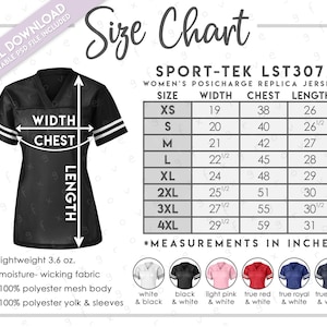 Pode incluir: Camisola preta com riscas brancas e tabela de tamanhos. A tabela lista as medidas em polegadas para larguras, contornos do peito e comprimentos, variando de XS a 4XL. A camisola é leve, feita de tecido que absorve a humidade e 100% poliéster.