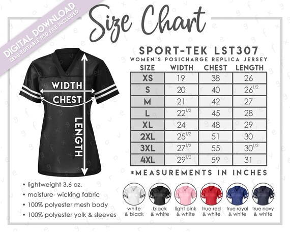 Semi-editable Sport-tek LST307 Size Chart + Color Chart • Sport
