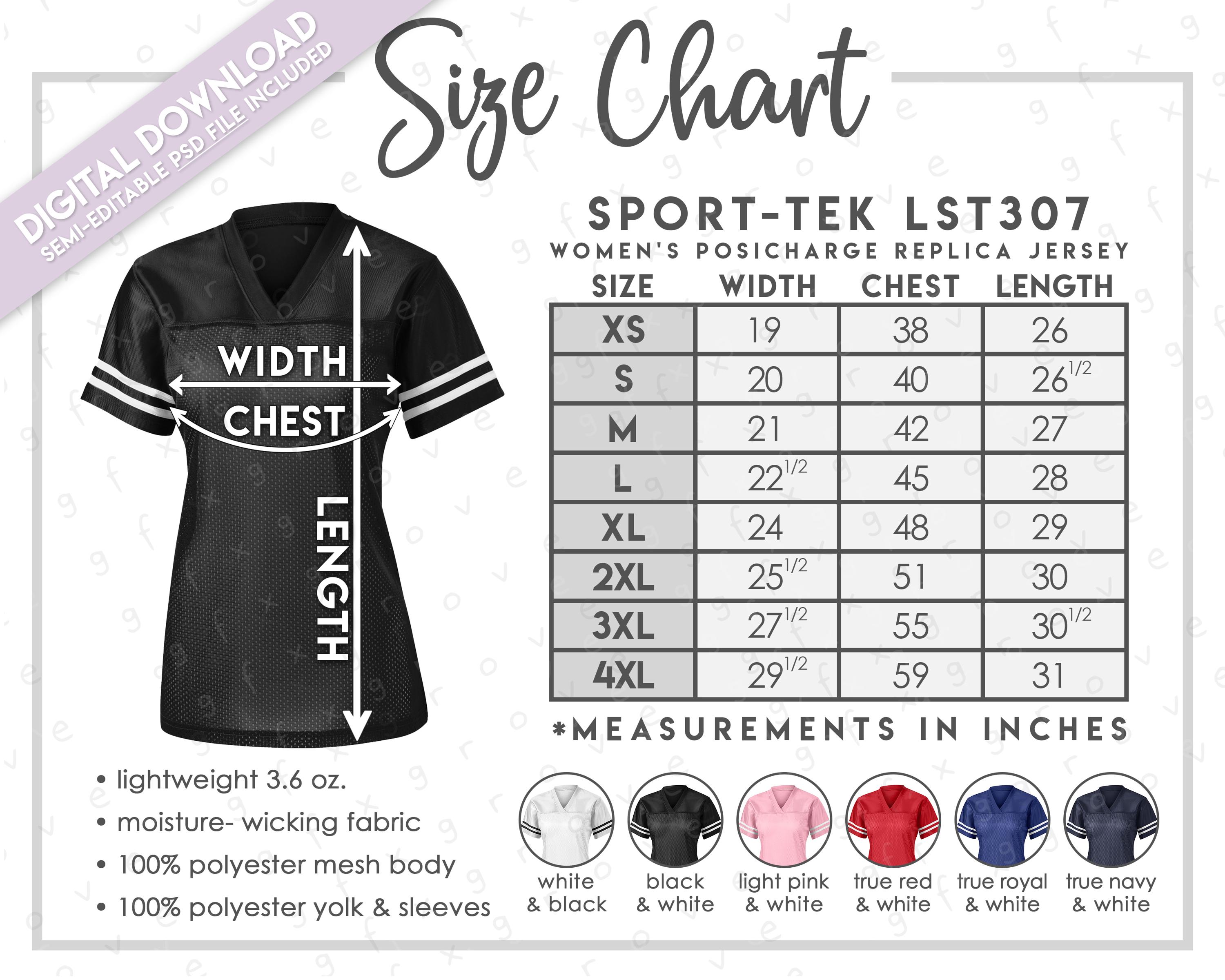 Semi-editable Sport-tek LST307 Size Chart + Color Chart • Sport
