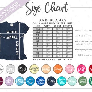 Semi-Editable ARB Blanks Girl&#39;s Short Sleeve Ruffle Shirt Size + Color Chart • Girls Ruffle Tee Size Chart • PSD
