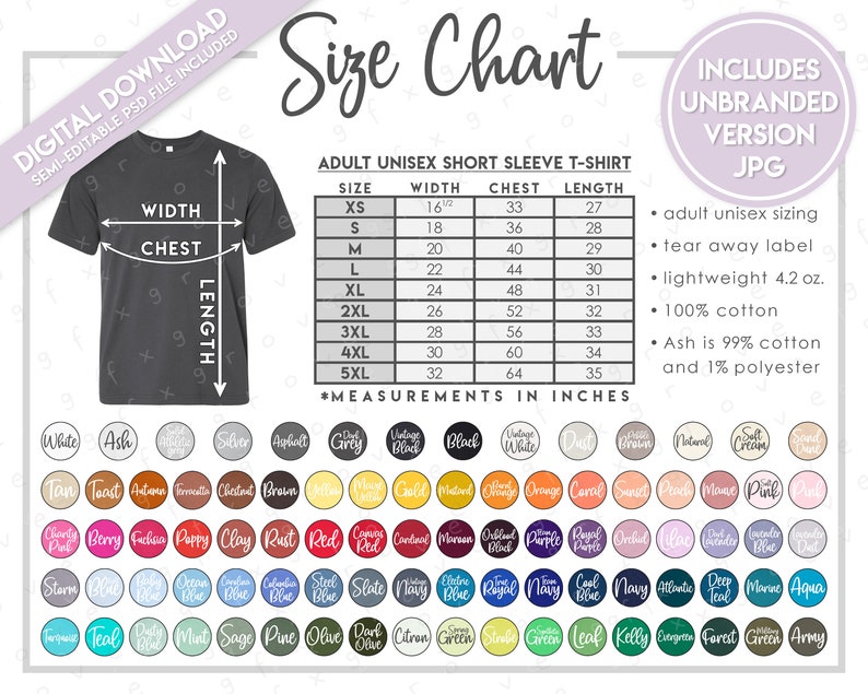 Semi-editable Bella Canvas 3001 Size Color Chart Updated - Etsy