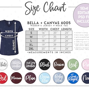 Tabla de tallas y colores semieditable Bella + Canvas 6005 • Tabla de tallas de camisetas de cuello en V para mujer de Bella Canvas • Tabla de colores 6005 • BC6005