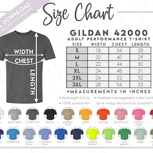 Semi-Editable Gildan 42000 Size Chart + Color Chart • Gildan Adult Performance T-Shirt Size Chart • G42000 T-Shirt Color Chart • G420