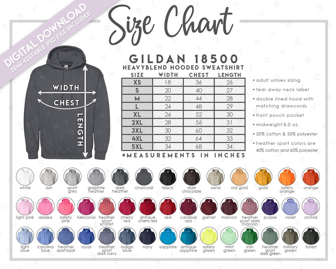 Semi-editable Gildan 18500 Size Chart Color Chart Gildan Hoodie Size ...