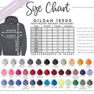 Semi-Editable Gildan 18500 Size Chart + Color Chart • Gildan Hoodie Size Chart • Gildan Hooded Sweatshirt Color Chart • G185 Size Chart