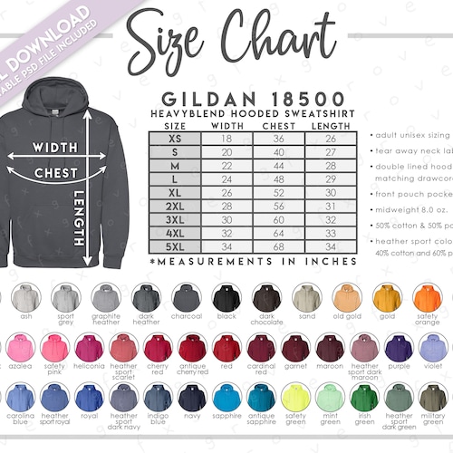 Semi-editable Gildan 18500B Size Chart Color Chart Gildan - Etsy
