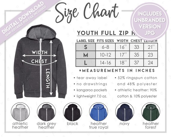 Semi-editable Bella + Canvas 3739Y Size + Color Chart