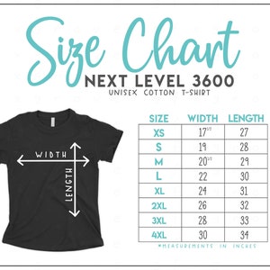 Next Level 3600 サイズ表 - Next Level ユニセックス コットン Tシャツ サイズ表 - Next Level Tシャツ サイズ表 - NL3600 サイズ表