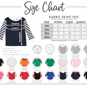 Rabbit Skins 101Z Size + Color Chart • 20 COLORS • Rabbit Skins Infant Pajama Top Size Chart • Rabbit Skins Baby Pajama Top Color Chart