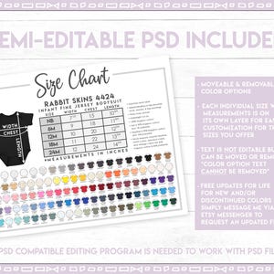 May include: A size chart for infant bodysuits with measurements in inches. The chart includes sizes from newborn to 24 months. The chart also includes a color palette of different colors for the bodysuits. The text "Semi-Editable PSD Included" is at the top of the image.