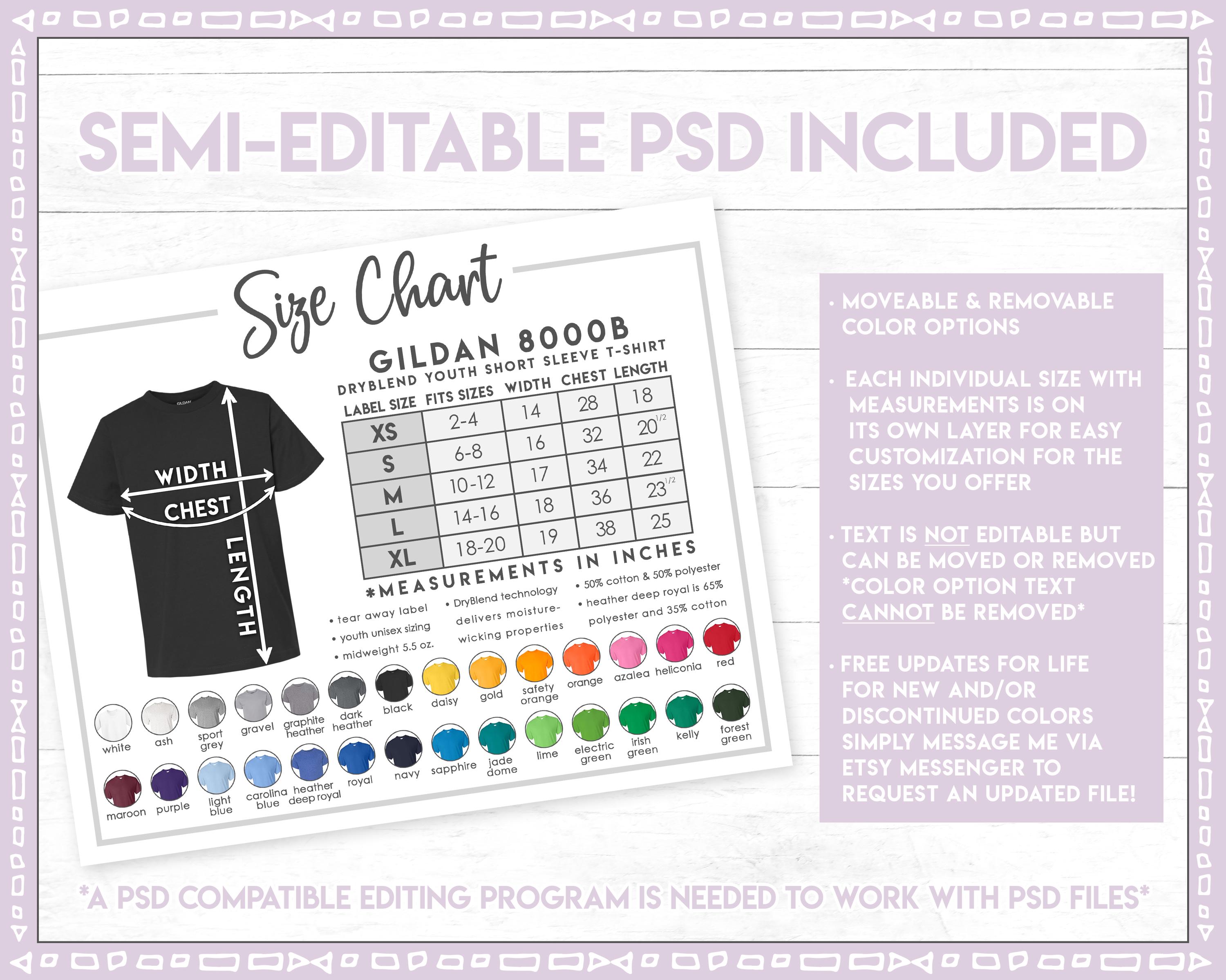 Semi-editable 8000B Size Chart + Color Chart • 8000B Youth Dryblend T ...