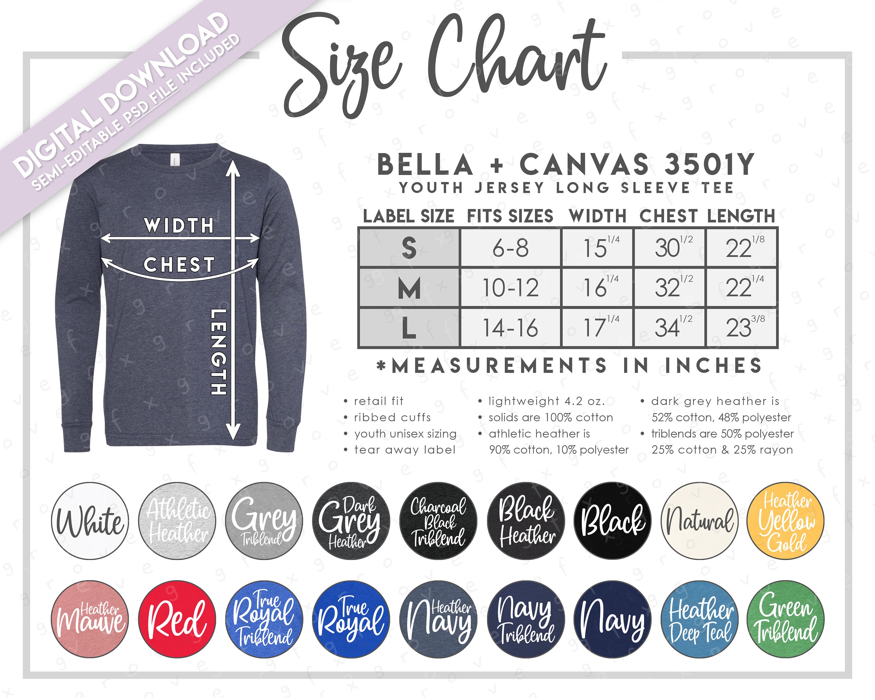 Semi-editable Bella Canvas 3501Y Size Color Chart Bella - Etsy