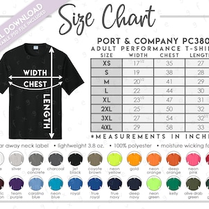 May include: Size chart for Port & Company PC380 adult performance t-shirts. The chart shows sizes XS to 4XL with corresponding chest, width, and length measurements in inches.