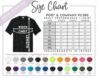 Semi-Editable Port & Company PC380 Size + Color Chart • Port and Company Adult Performance T-Shirt Size Chart • Port and Co PC 380
