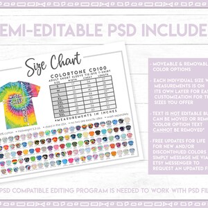 Pu&ograve; includere: Una tabella di taglie per magliette tie-dye con una cartella colori di diversi motivi tie-dye. La tabella include le misure per ogni taglia in pollici. Il testo "COLORTONE CD100" e "ADULT SHORT SLEEVE TIE-DYE T-SHIRT" &egrave; visibile. Il testo "SEMI-EDITABLE PSD INCLUDED" &egrave; nella parte superiore dell'immagine.