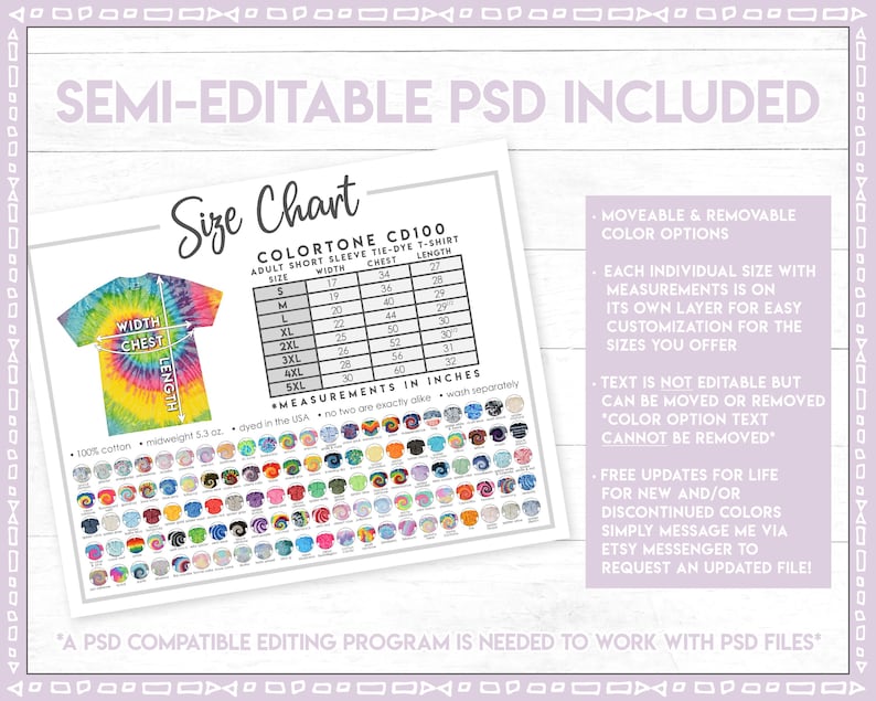 Pu&ograve; includere: Una tabella di taglie per magliette tie-dye con una cartella colori di diversi motivi tie-dye. La tabella include le misure per ogni taglia in pollici. Il testo "COLORTONE CD100" e "ADULT SHORT SLEEVE TIE-DYE T-SHIRT" &egrave; visibile. Il testo "SEMI-EDITABLE PSD INCLUDED" &egrave; nella parte superiore dell'immagine.