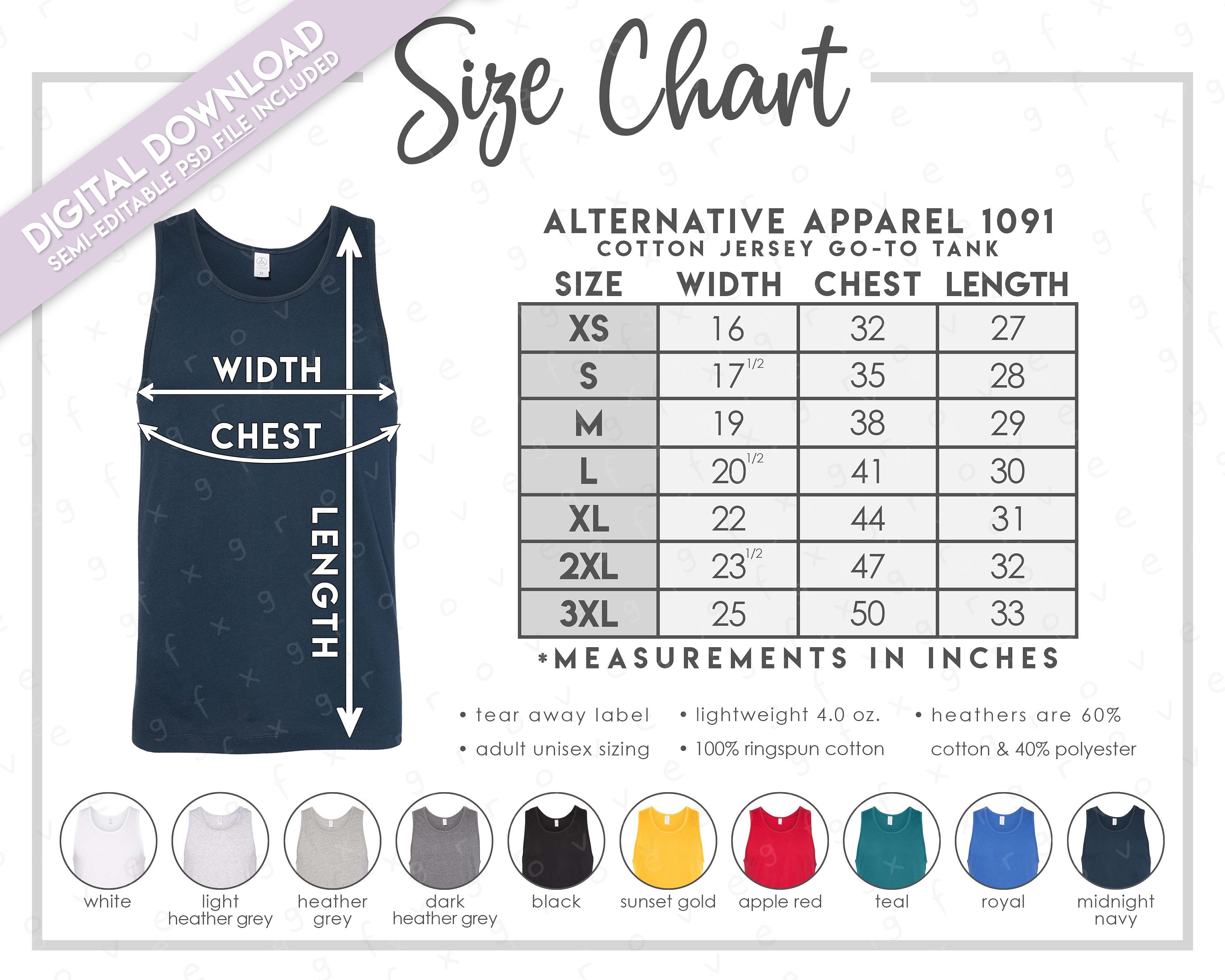 Semi-editable Alternative Apparel 1091 Size Color Chart Alternative Cotton  Jersey Go-to Tank Size Chart 1091 Size Chart AA1091 