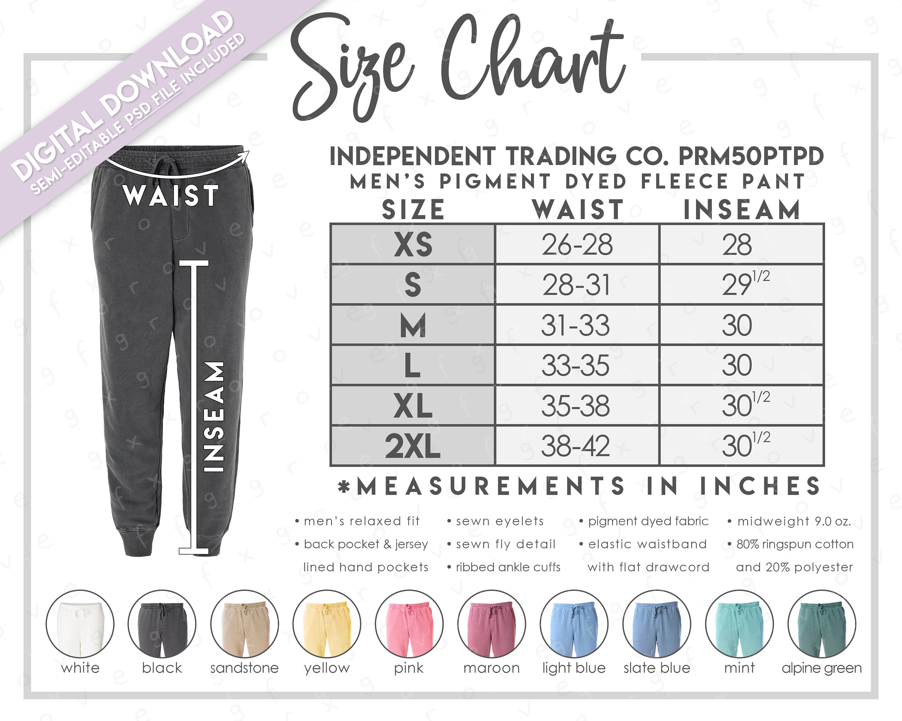 Independent Trading Co. PRM50PTPD Size + Color Chart