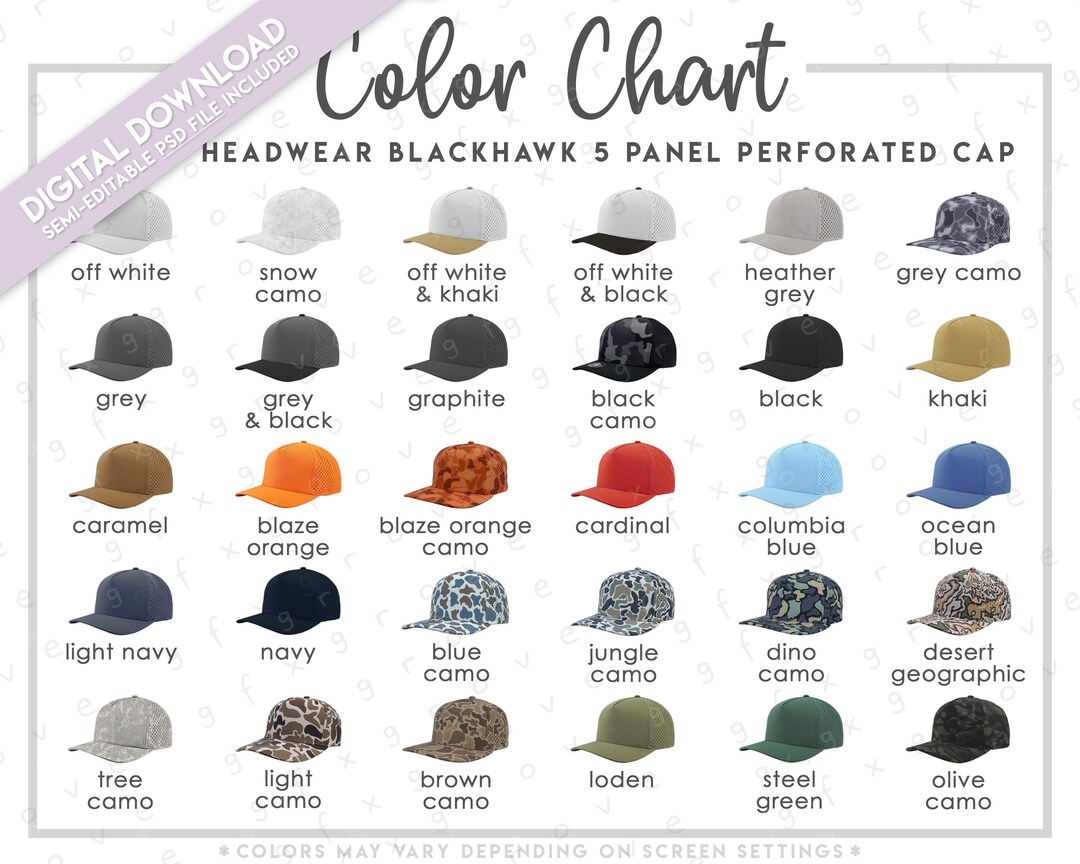 Semi-editable Zapped Headwear Blackhawk Color Chart • Zapped Headwear 5 ...