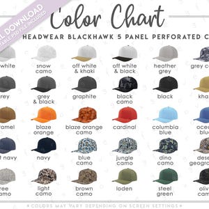 Tabla de colores semieditable de Zapped Headwear Blackhawk • Tabla de colores de gorras perforadas de 5 paneles Zapped Headwear • Guía de colores de gorras Zapped