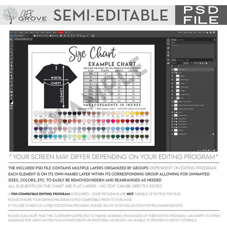 May include: A semi-editable PSD file template featuring a t-shirt size chart with a black t-shirt graphic, width, chest, and length measurement arrows, a table with sizes XS to 5XL in inches, and a grid of numerous small colored circles.