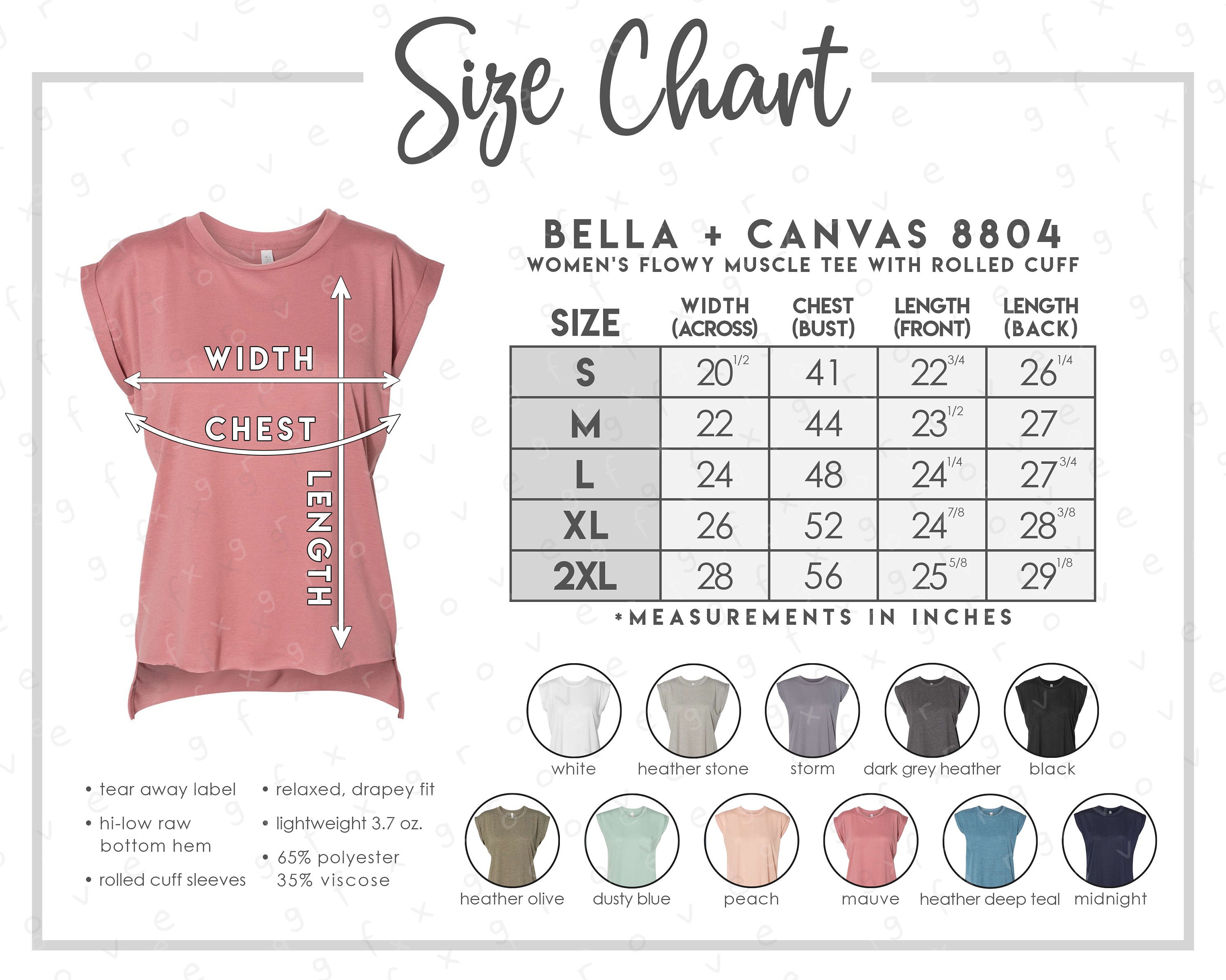 Bella Canvas 8804 Size Color Chart 11 COLORS Bella Etsy Ireland