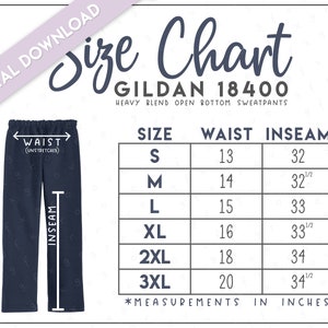 Gildan 18400 Size Chart • Gildan Heavy Blend Open Bottom Sweatpants Size Chart • Gildan Sweatpants • G184 • G18400