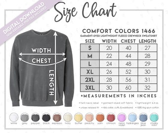 Semi-Editable Comfort Colors 1466 Size + Color Chart • Comfort Colors Garment Dyed Lightweight Crewneck Sweatshirt • 1466CC Size Chart •